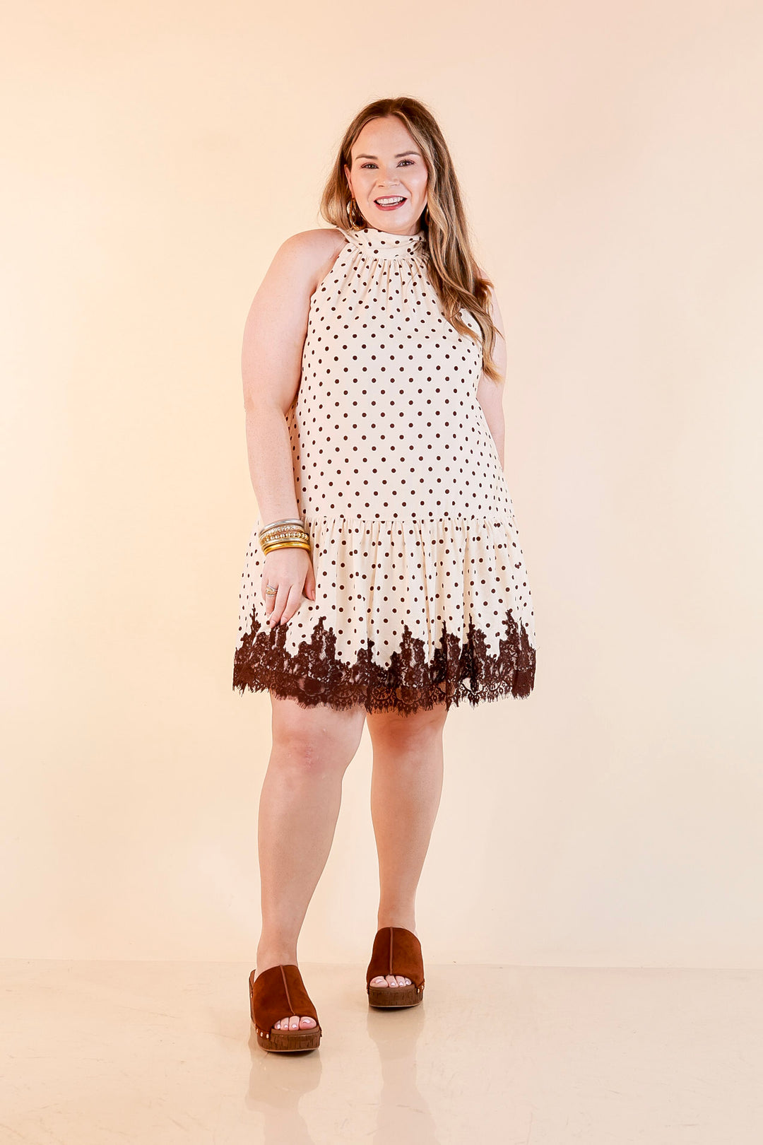 Something to Love Polka Dot Lace Trim Halter Dress in Ivory and Chocolate Brown