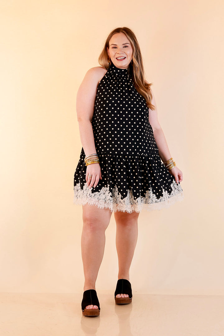 Something to Love Polka Dot Lace Trim Halter Dress in Black and Ivory