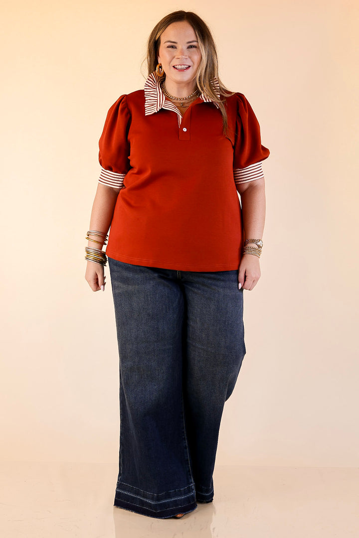 Refined Edge Short Puff Sleeve Top with Striped Collar in Rust Orange