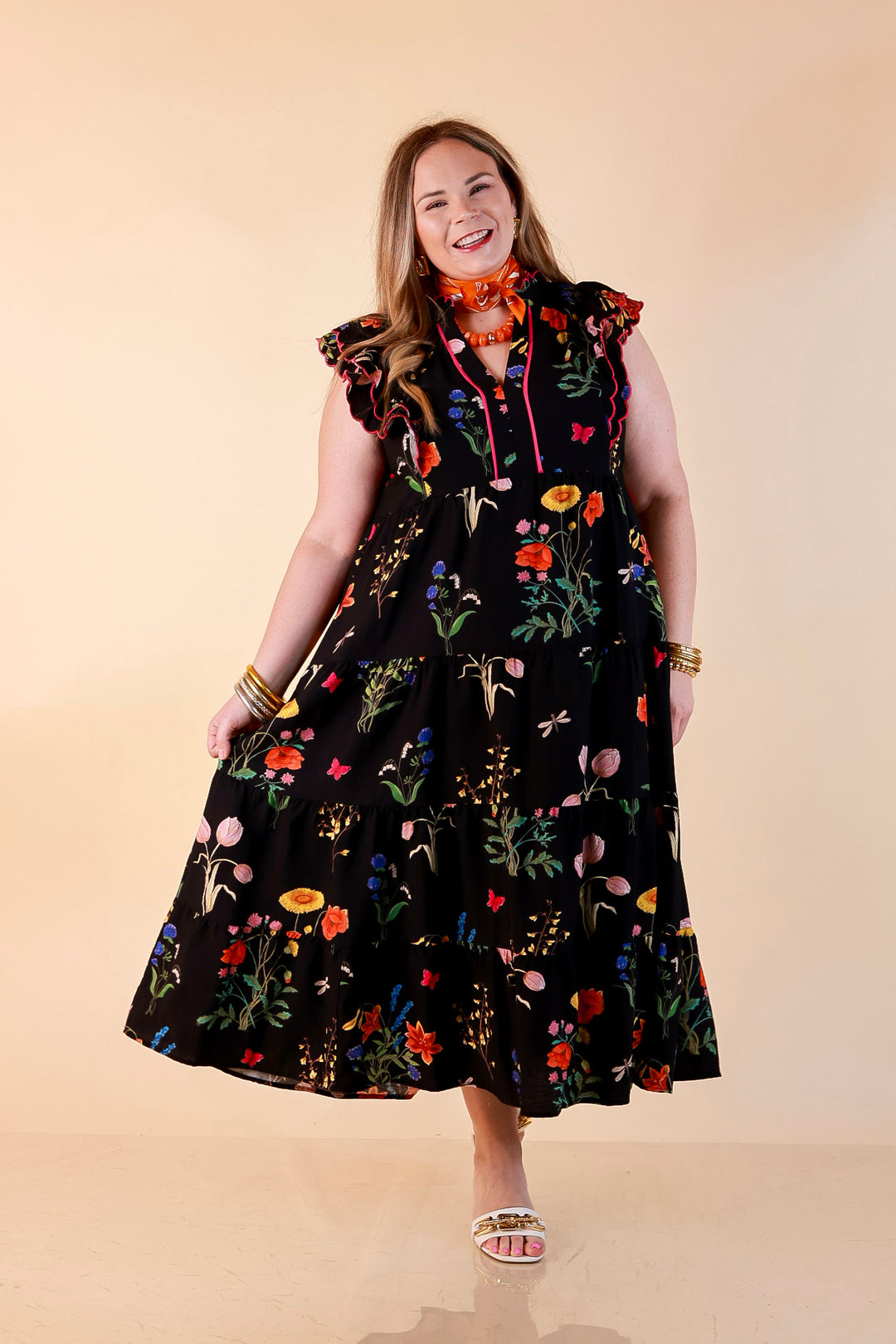 Flourishing Charm Floral Ruffle Cap Sleeve Tiered Midi Dress in Black