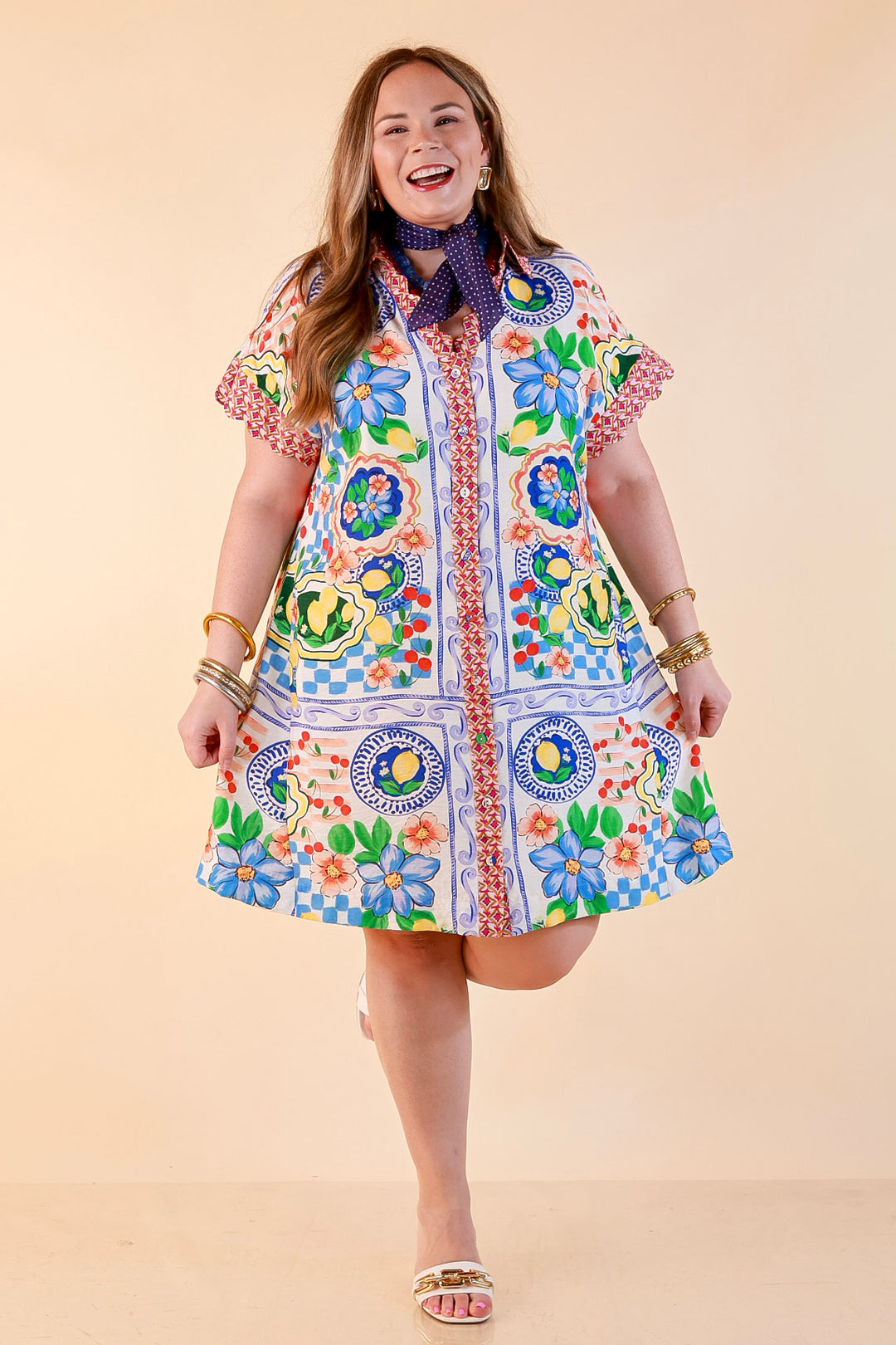 Tuscan Daydream Floral Border Print Button Front Mini Dress in Blue Multi