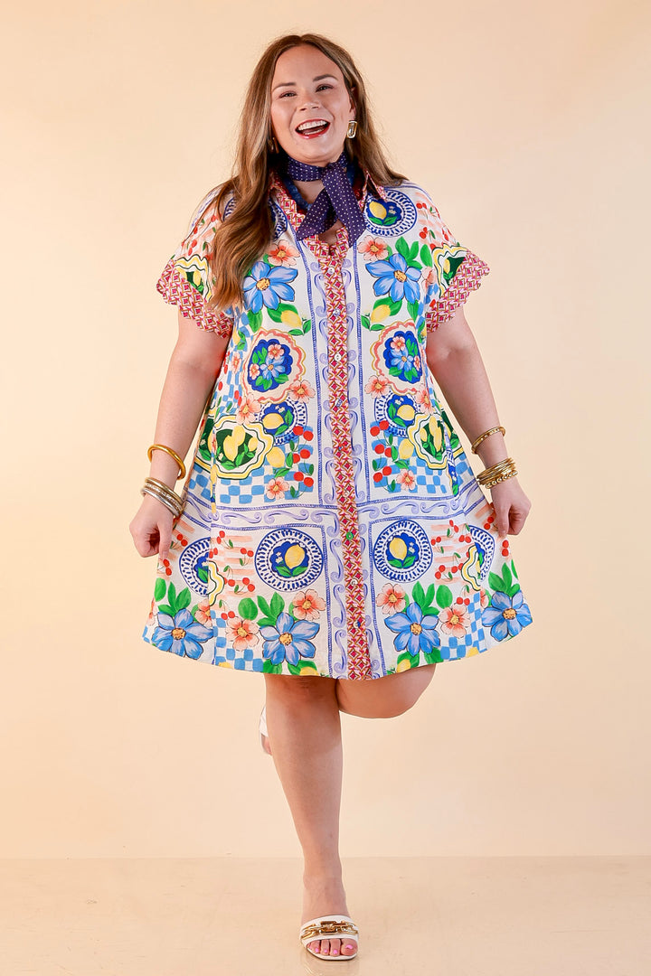 Tuscan Daydream Floral Border Print Button Front Mini Dress in Blue Multi