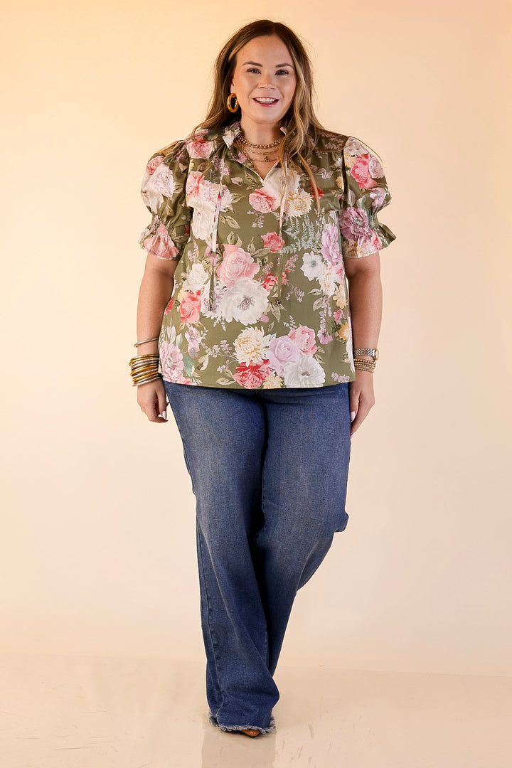 Freshly Picked Floral Print Top with Short Puff Sleeves in Olive Green