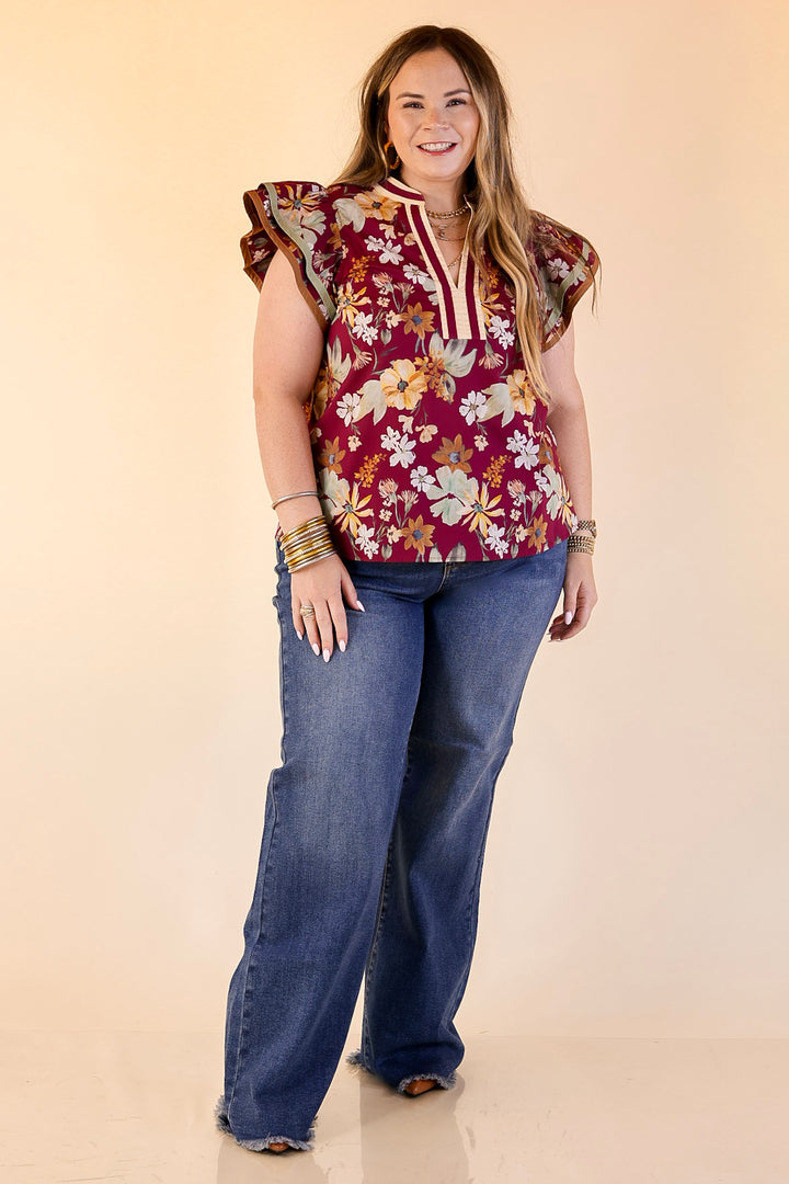 Fresh Perspective V Neck Floral Top with Ruffle Cap Sleeves in Maroon