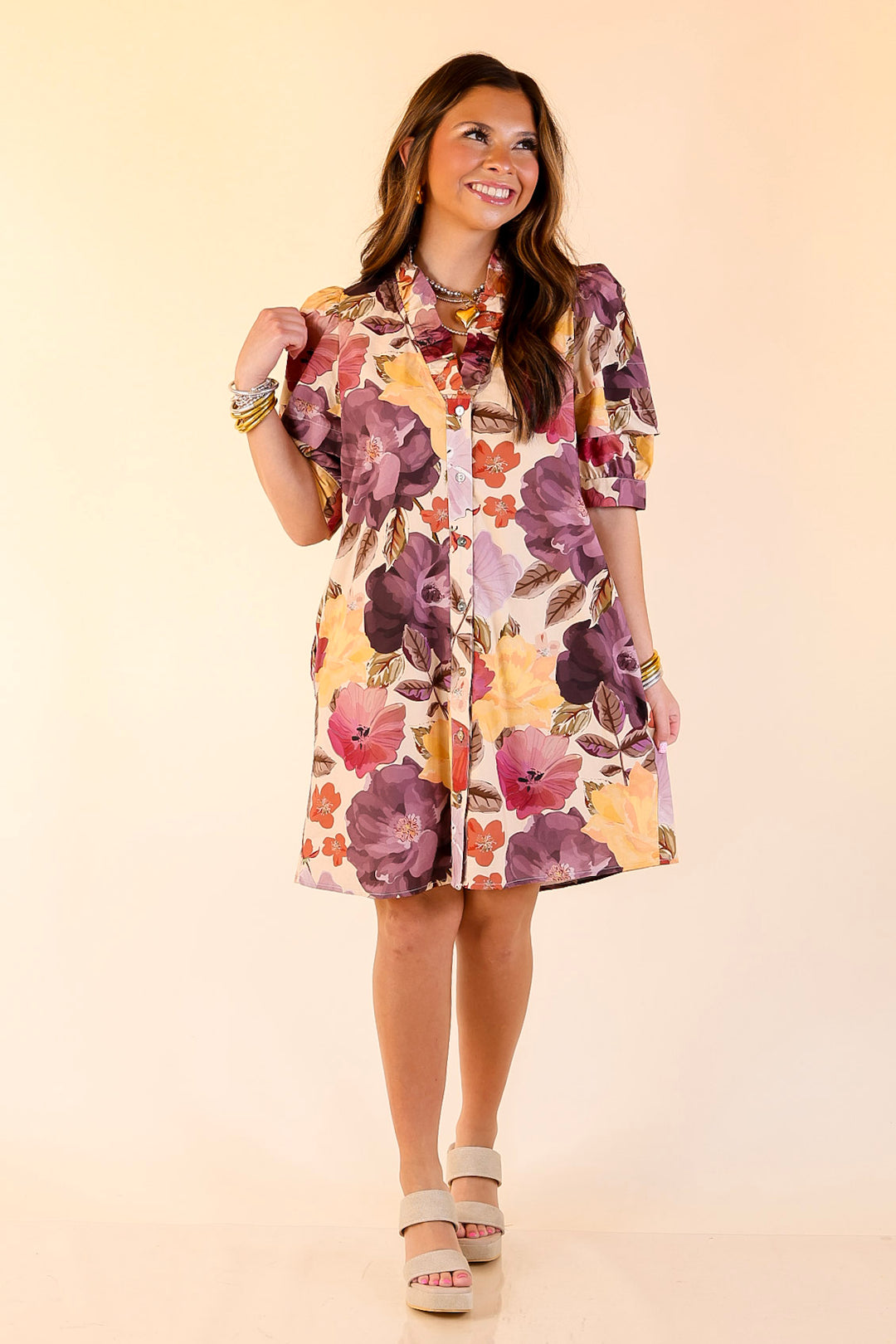 Blooming Statement Button Up Dress with Ruffle Trim and Puff Sleeves in Cream Mix