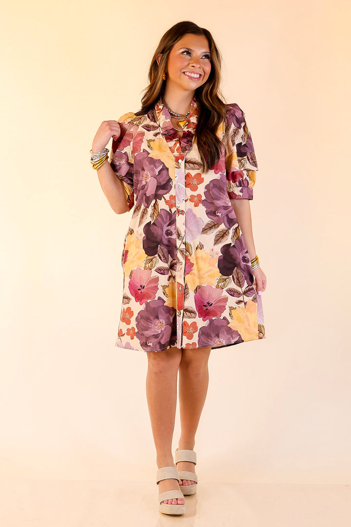 Blooming Statement Button Up Dress with Ruffle Trim and Puff Sleeves in Cream Mix