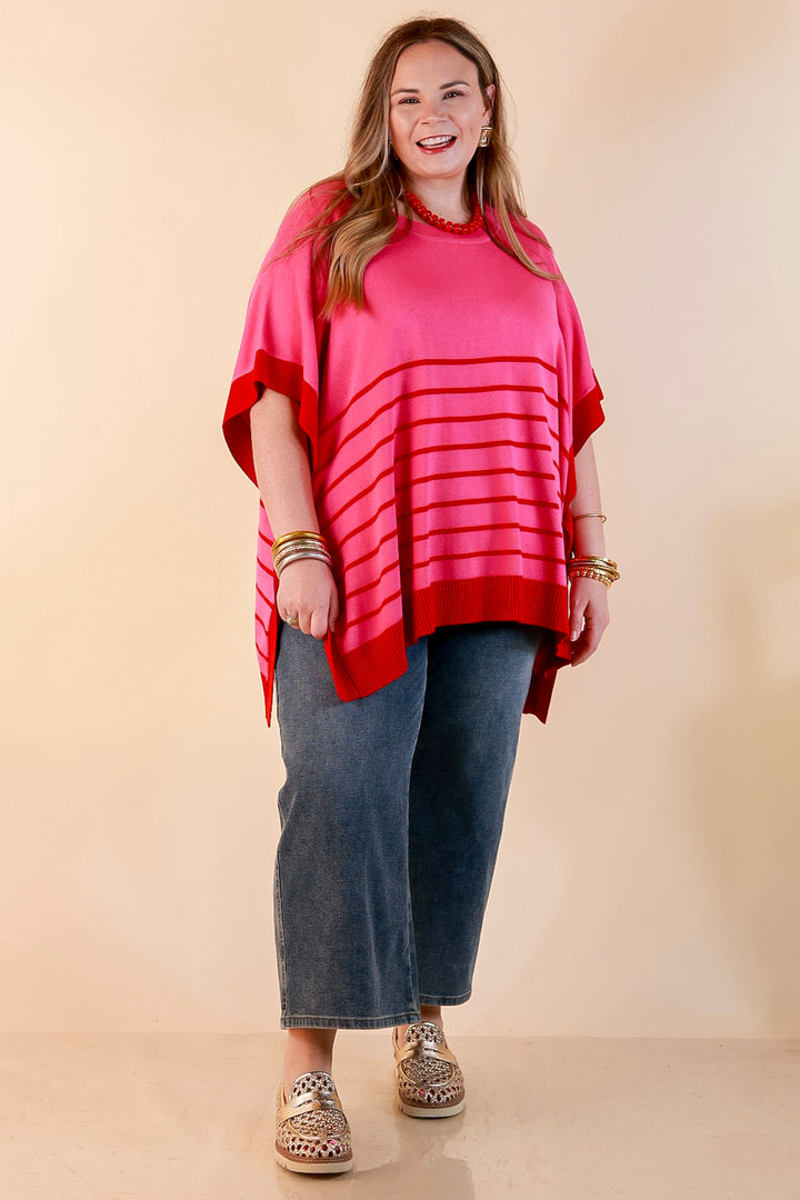 Casual to Chic Short Sleeve Striped Poncho Top in Pink and Red