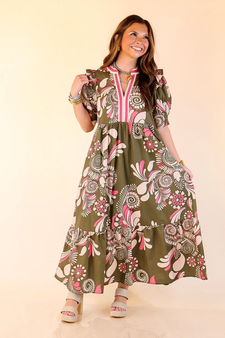 First Impressions V Neck Paisley Midi Dress in Olive Green and Pink Mix