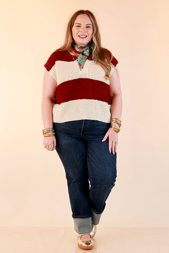 The Style Standard Striped Sleeveless Sweater Knit Top in Burgundy and Ivory