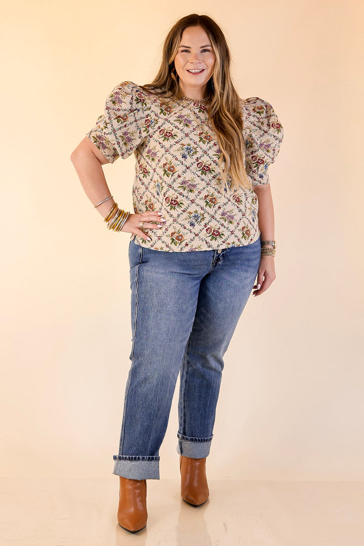 Delicate Details Puff Sleeve Floral Print Top in Cream