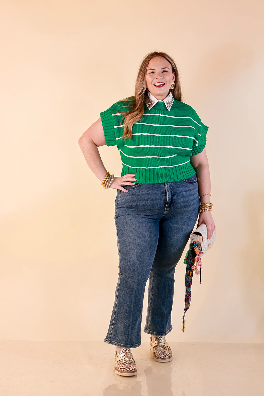 Sweet in Stripes Short Sleeve Striped Mock Neck Sweater in Kelly Green