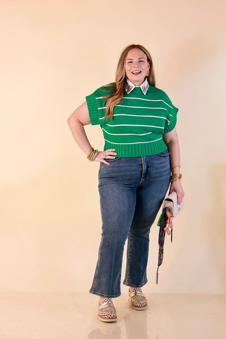 Sweet in Stripes Short Sleeve Striped Mock Neck Sweater in Kelly Green