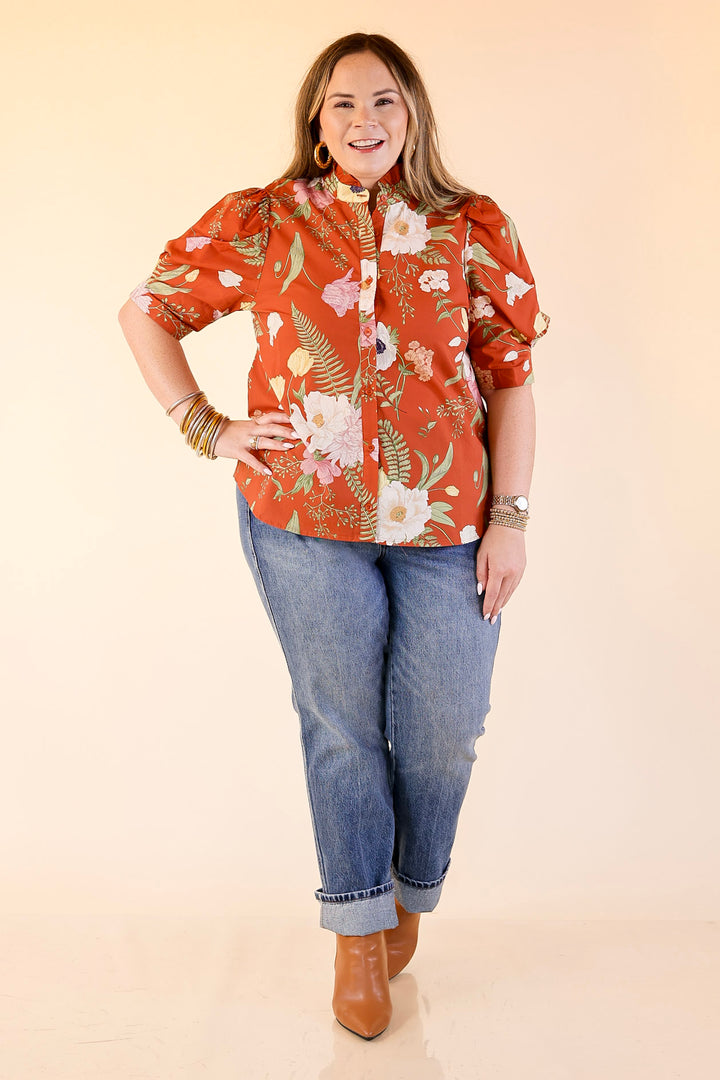 First Glance Button Up Puff Sleeve Floral Print Top in Rust Orange