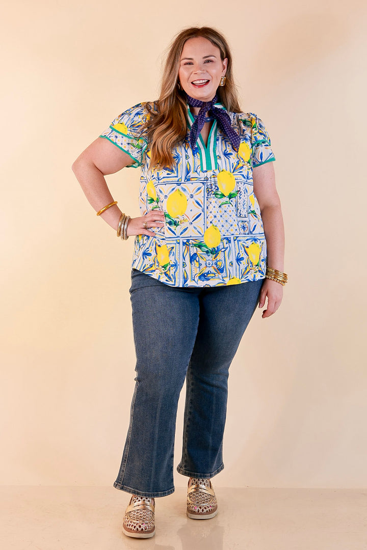 Amalfi Afternoon Lemon Tile Print Flutter Sleeve Split Neck Top in Ivory, Blue and Yellow