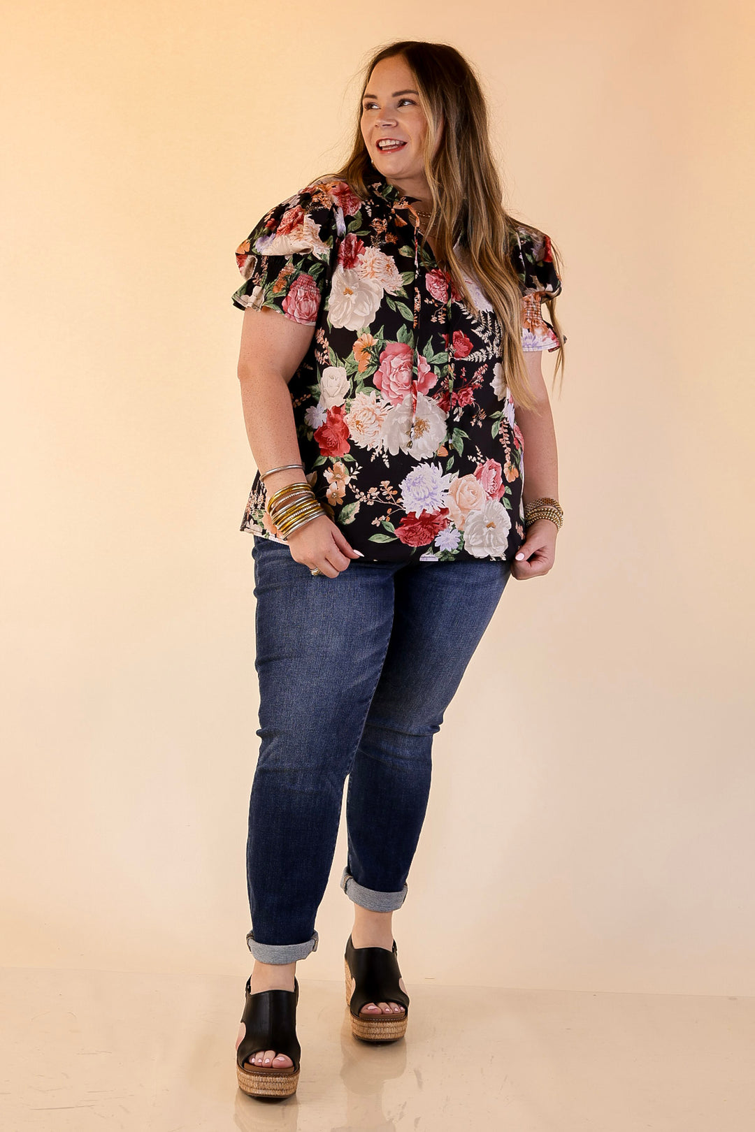 Freshly Picked Floral Print Top with Short Puff Sleeves in Black