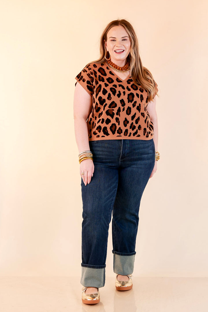 Natural Instinct Leopard Print V-Neck Sweater Knit Top in Camel and Black