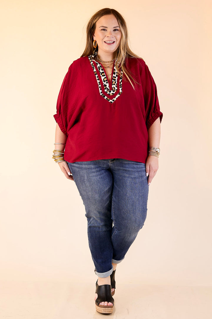 Naturally Stylish Leopard Print Trim Poncho Top in Maroon