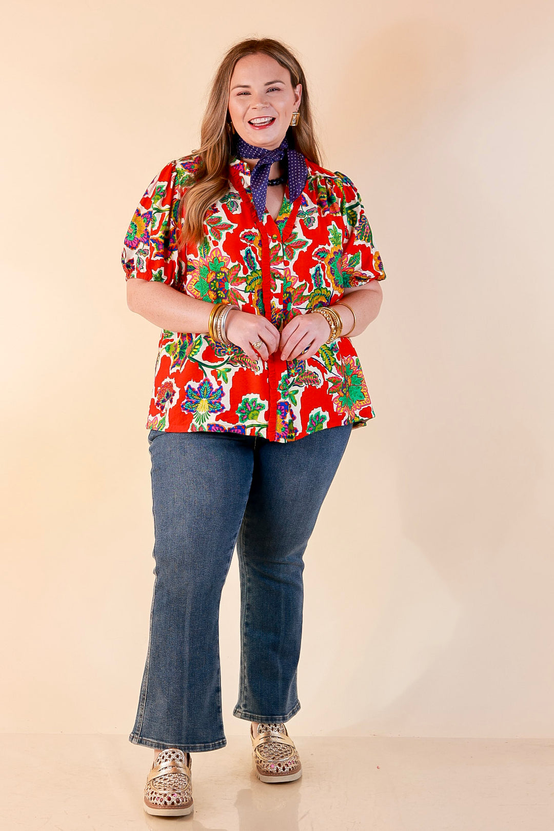 Petal Pop Floral Print Ruffle Front Button Up Top with Puff Sleeves in Red