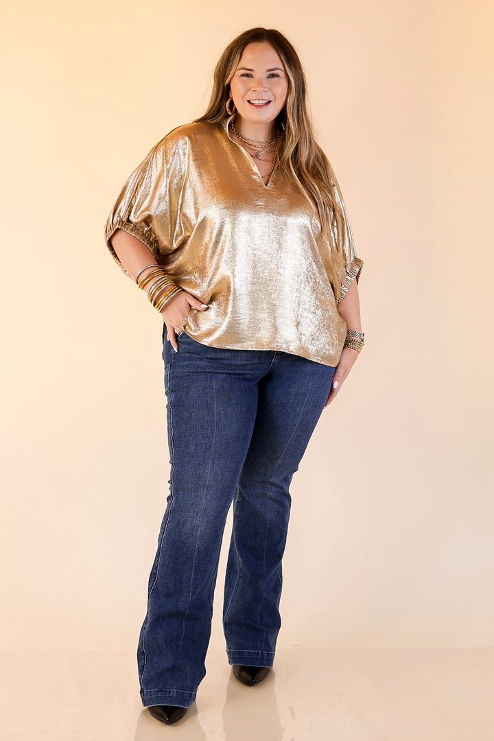 Naturally Stylish Shimmer Metallic Poncho Top in Gold