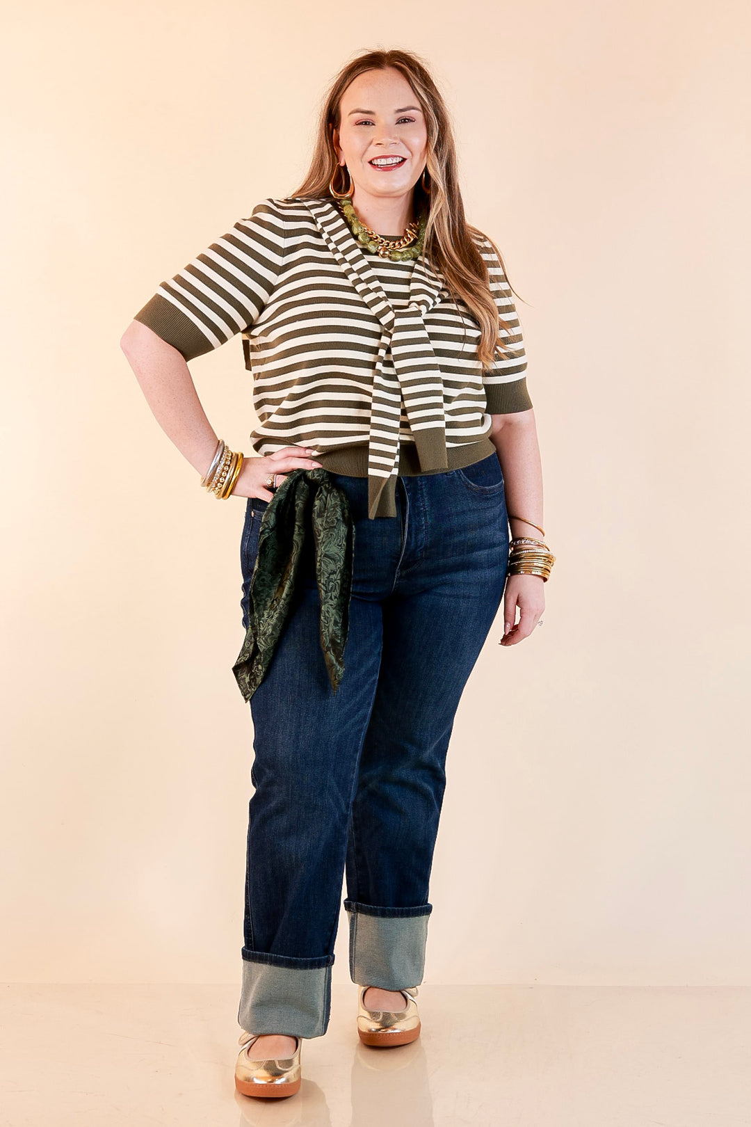 Leading Lady Faux Sweater Tie Detail Short Sleeve Striped Knit Top in Olive and Ivory