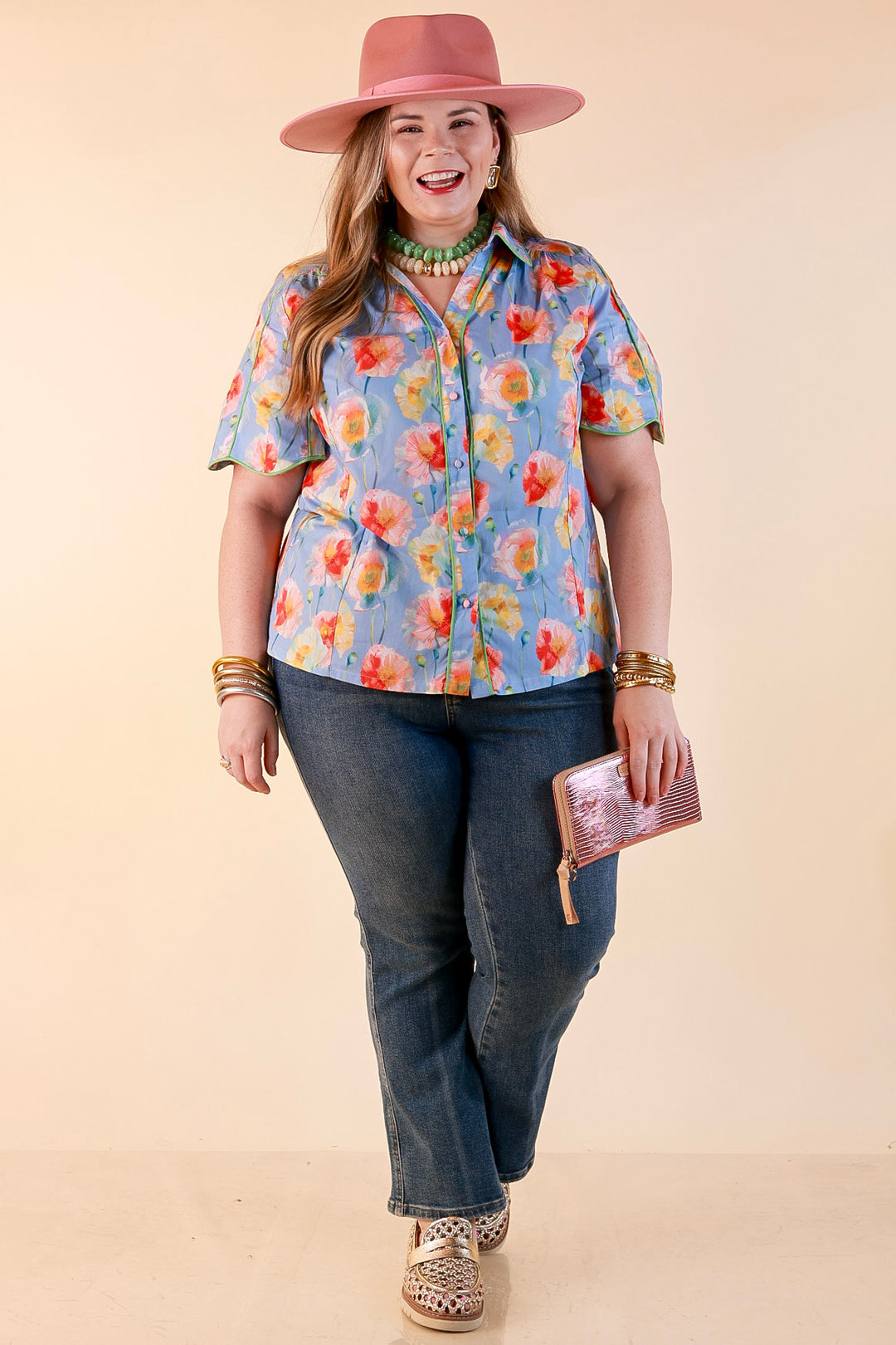 Petals and Plans Poppy Floral Print Button Up Collar Blouse in Dusty Blue