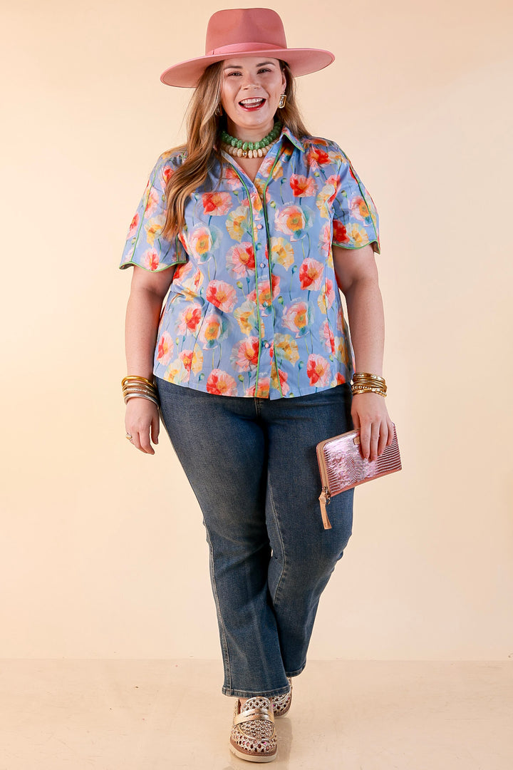 Petals and Plans Poppy Floral Print Button Up Collar Blouse in Dusty Blue