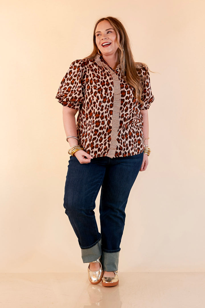 Catch the Compliments Puff Sleeve Ruffle Trim Leopard Print Statement Top in Ivory and Brown