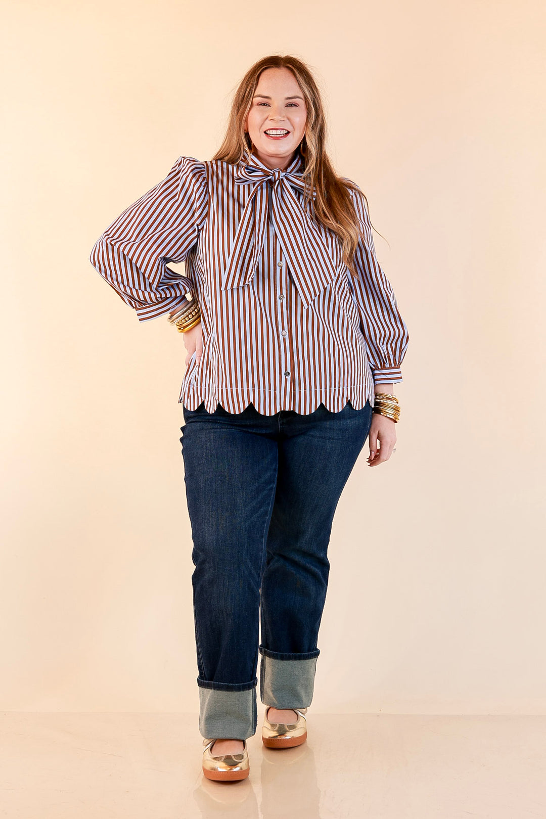 In Good Company Striped Bow Neck Scalloped Hem Blouse in Blue and Brown