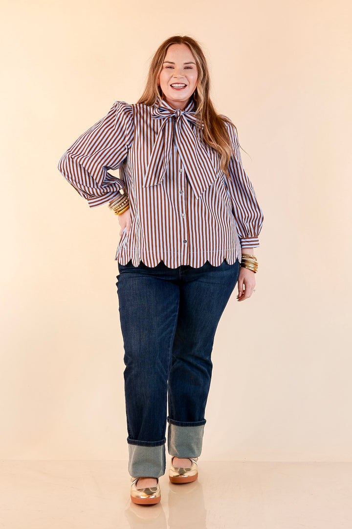 In Good Company Striped Bow Neck Scalloped Hem Blouse in Blue and Brown
