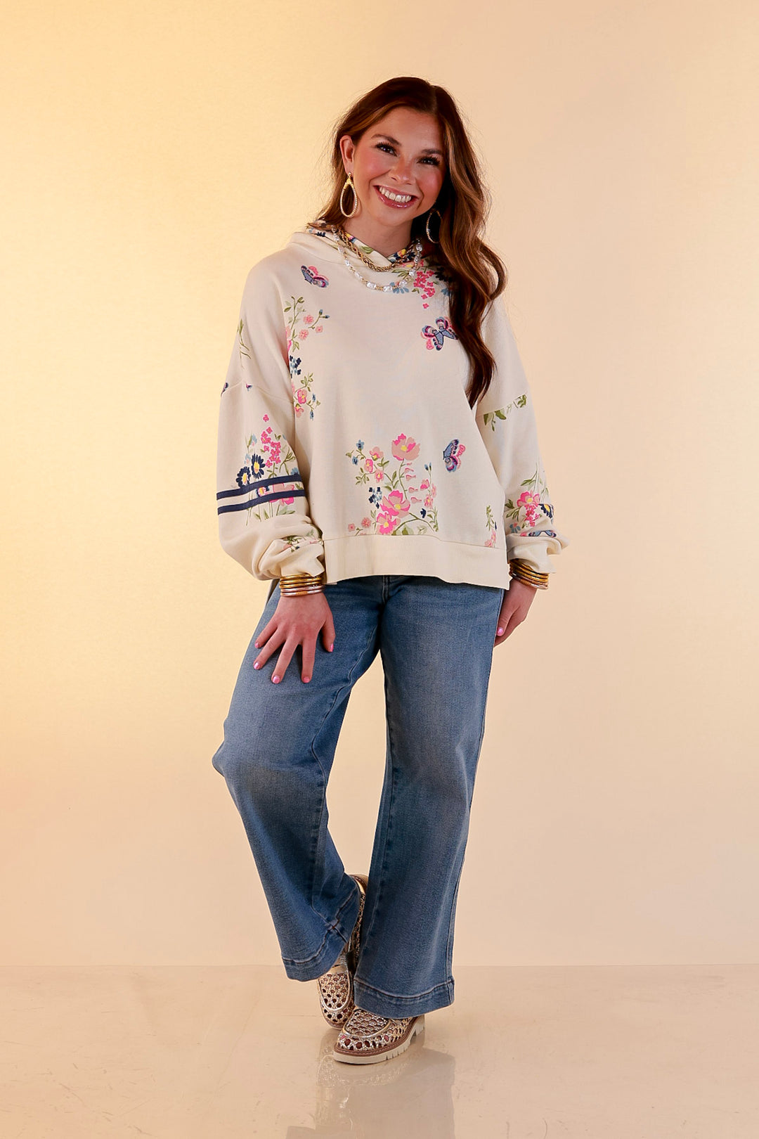 Simply Southern | Soft Statement Floral Print Long Sleeve Hoodie Sweatshirt in Ivory