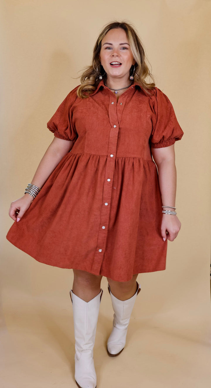 Adventures Ahead Button Up Corduroy Babydoll Dress in Terracotta - Giddy Up Glamour Boutique