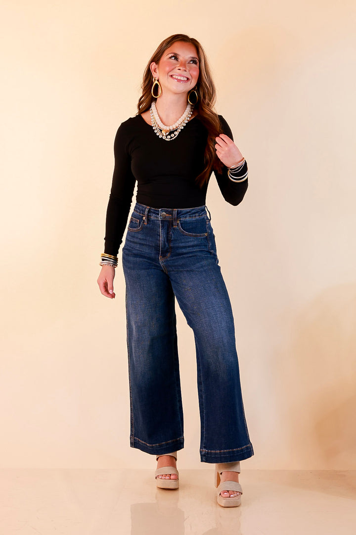 Judy Blue | Wide Open Style Ankle Length Cropped Wide Leg Tummy Control Trouser Denim Jeans in Dark Wash
