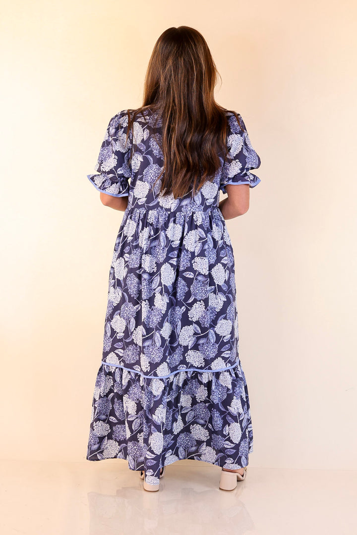 Petals & Poetry Hydrangea Floral Puff Sleeve Tiered Maxi Dress in Navy Blue