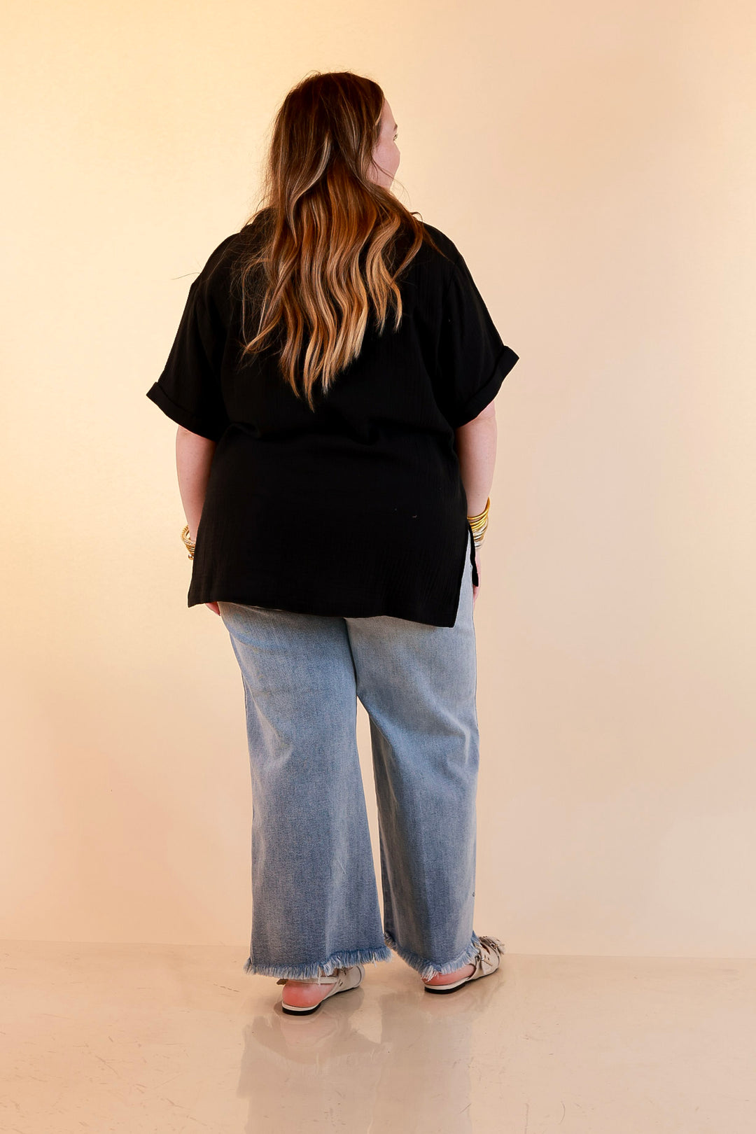 Quite Appropriate Short Sleeve Collared V Neck Linen Top with Rolled Sleeve Detail in Black