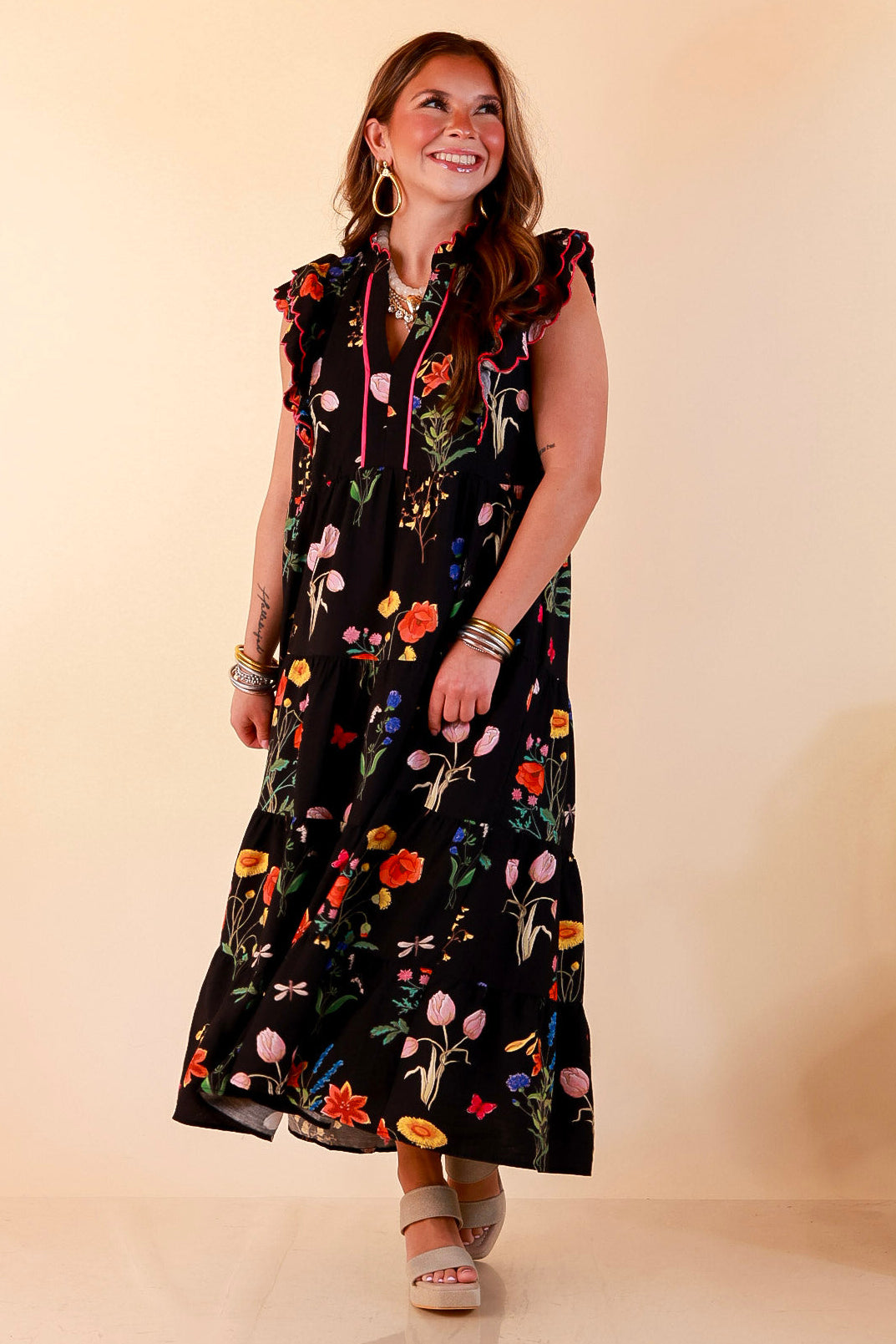 Flourishing Charm Floral Ruffle Cap Sleeve Tiered Midi Dress in Black