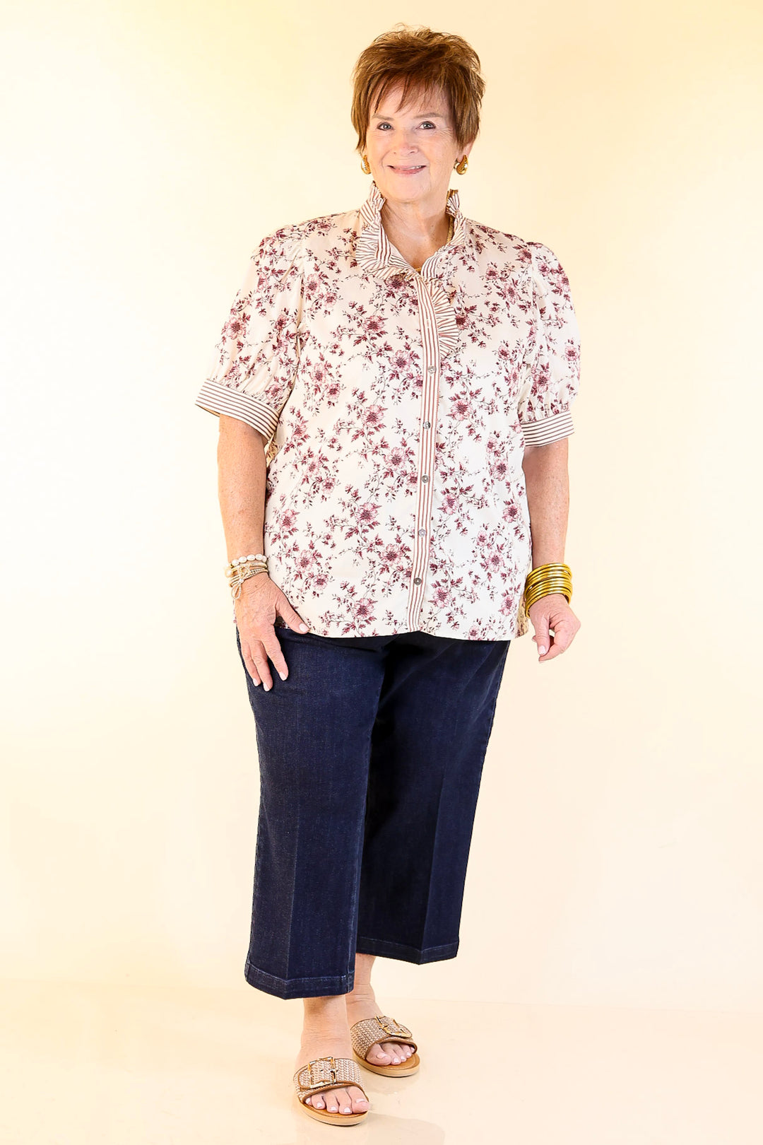 Timeless Beauty Button Up Puff Sleeve Top with Maroon Floral French Toile Print in Cream