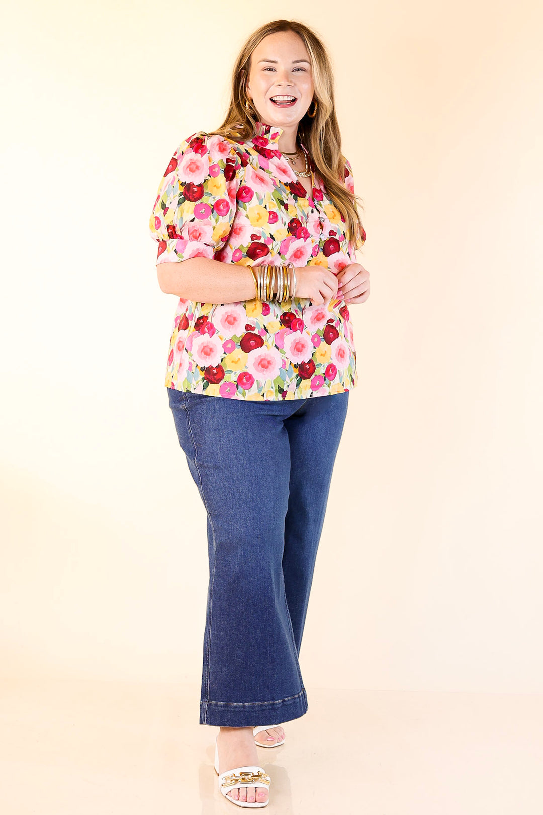 Brighter Blooms Ahead Floral Print Top with Ruffle Collar and Puff Sleeves in Multi