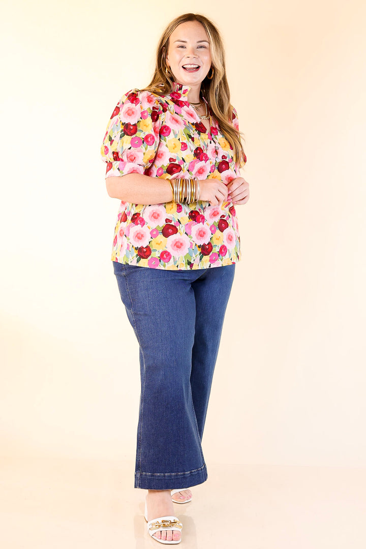 Brighter Blooms Ahead Floral Print Top with Ruffle Collar and Puff Sleeves in Multi