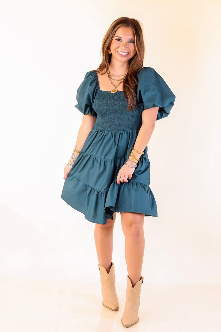 Trust Me Balloon Sleeve Dress in Teal Blue