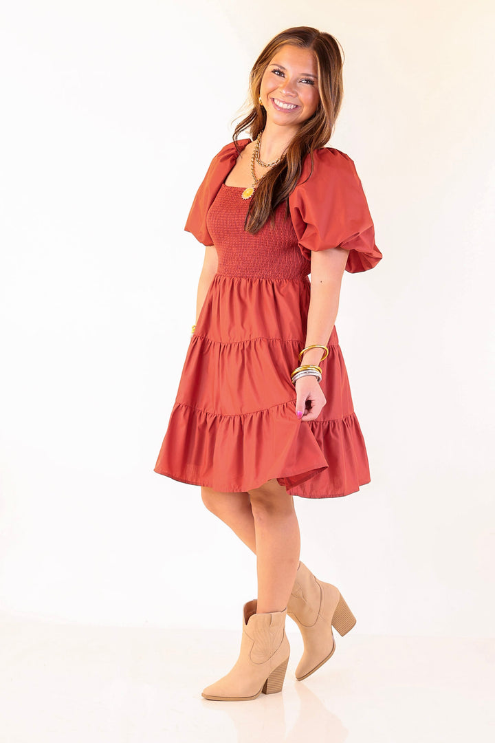Trust Me Balloon Sleeve Dress in Rust Orange