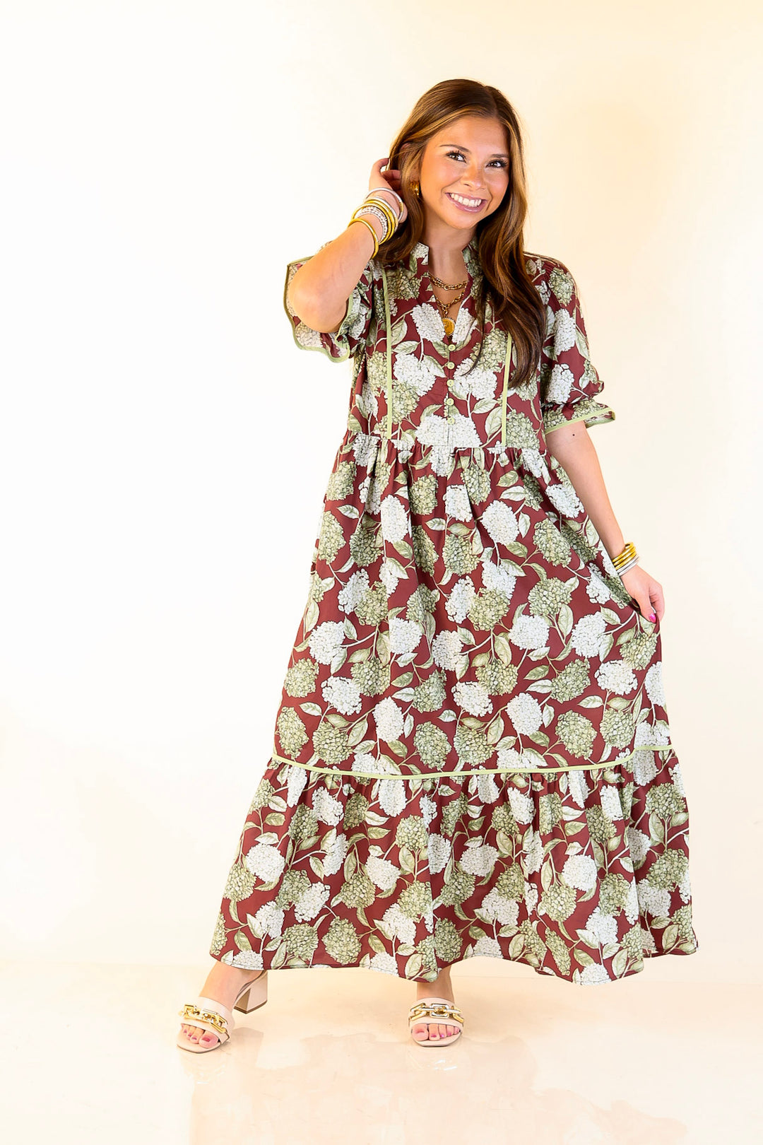 Petals & Poetry Hydrangea Floral Puff Sleeve Tiered Maxi Dress in Maroon
