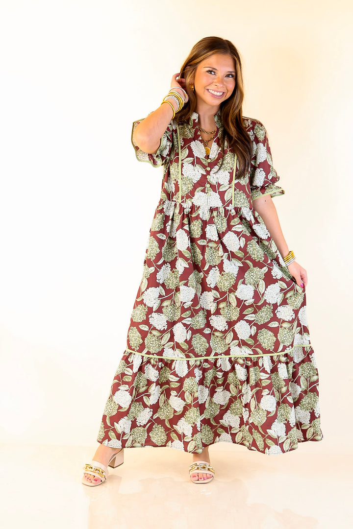Petals & Poetry Hydrangea Floral Puff Sleeve Tiered Maxi Dress in Maroon