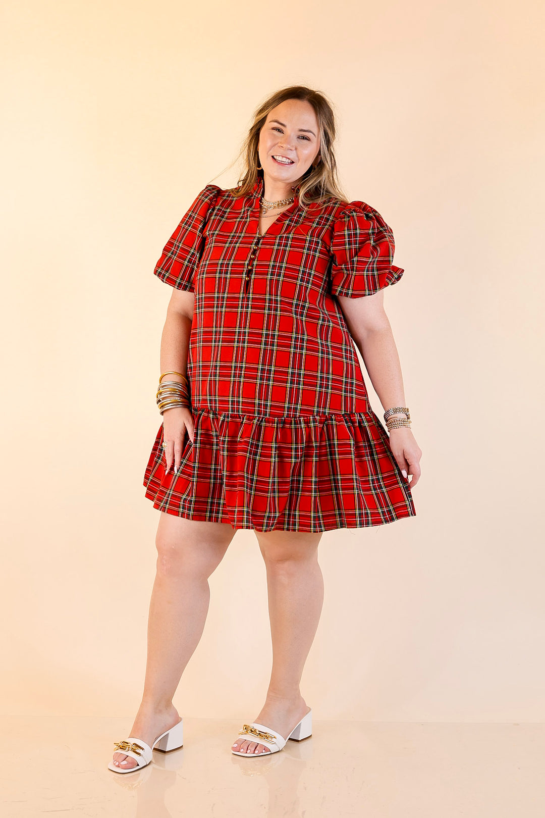 Polished in Plaid Peplum Skirt Dress with Pockets and Puff Sleeve in Red