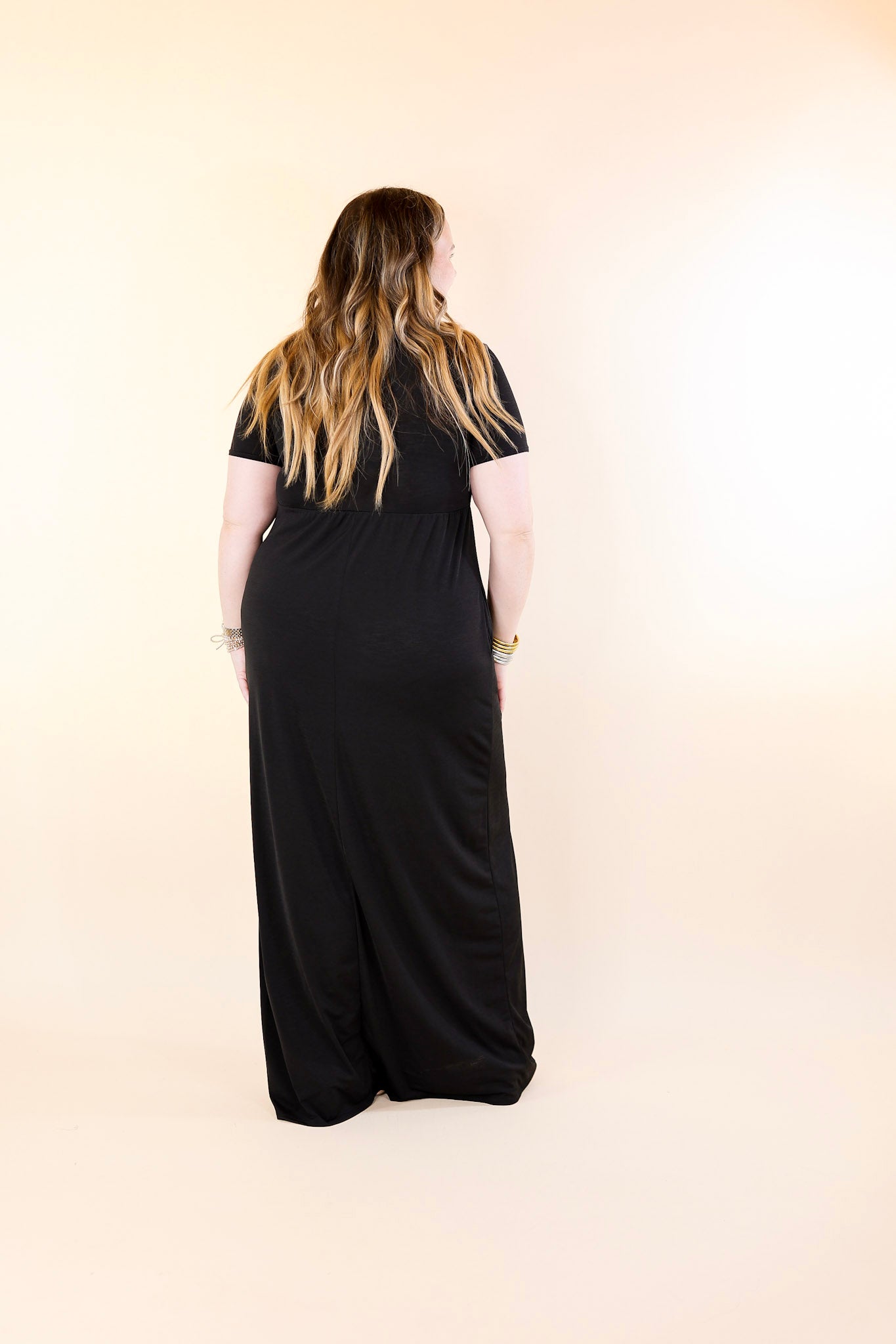 Just Landed Short Sleeve Babydoll Maxi Dress in Black