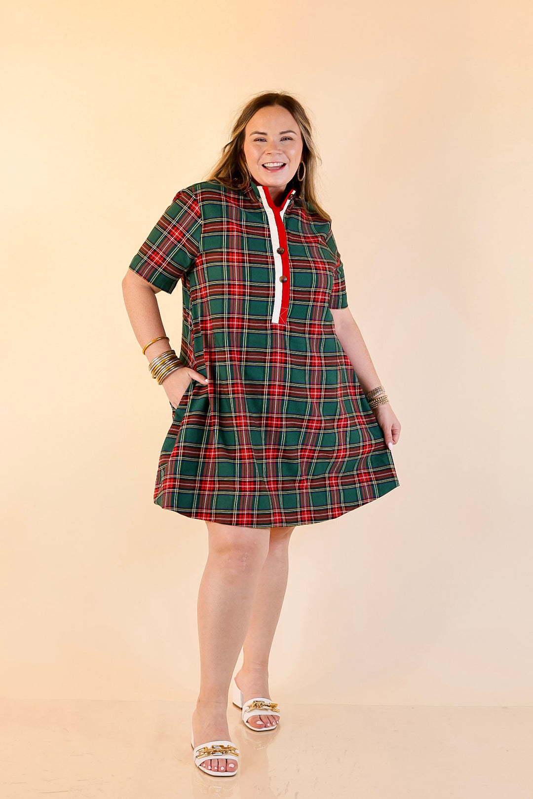 Seasonal Shift Plaid Dress with Pockets and Button Detailing in Green