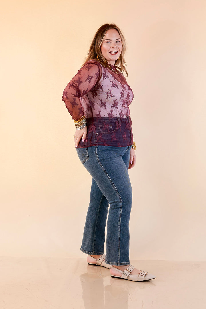 Delicate Charm Long Sleeve Sheer Lace Top with Mock Neck in Dark Purple
