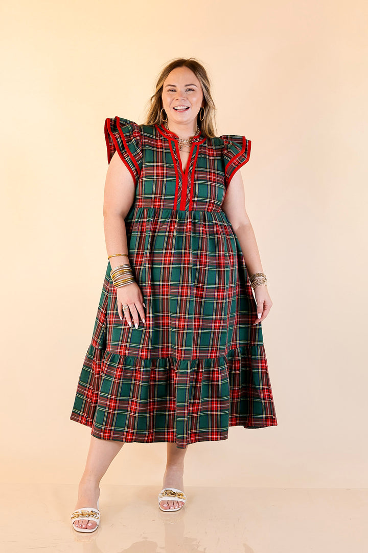 Magnolia Morning Plaid Ruffle Cap Sleeve Tiered Midi Dress in Green