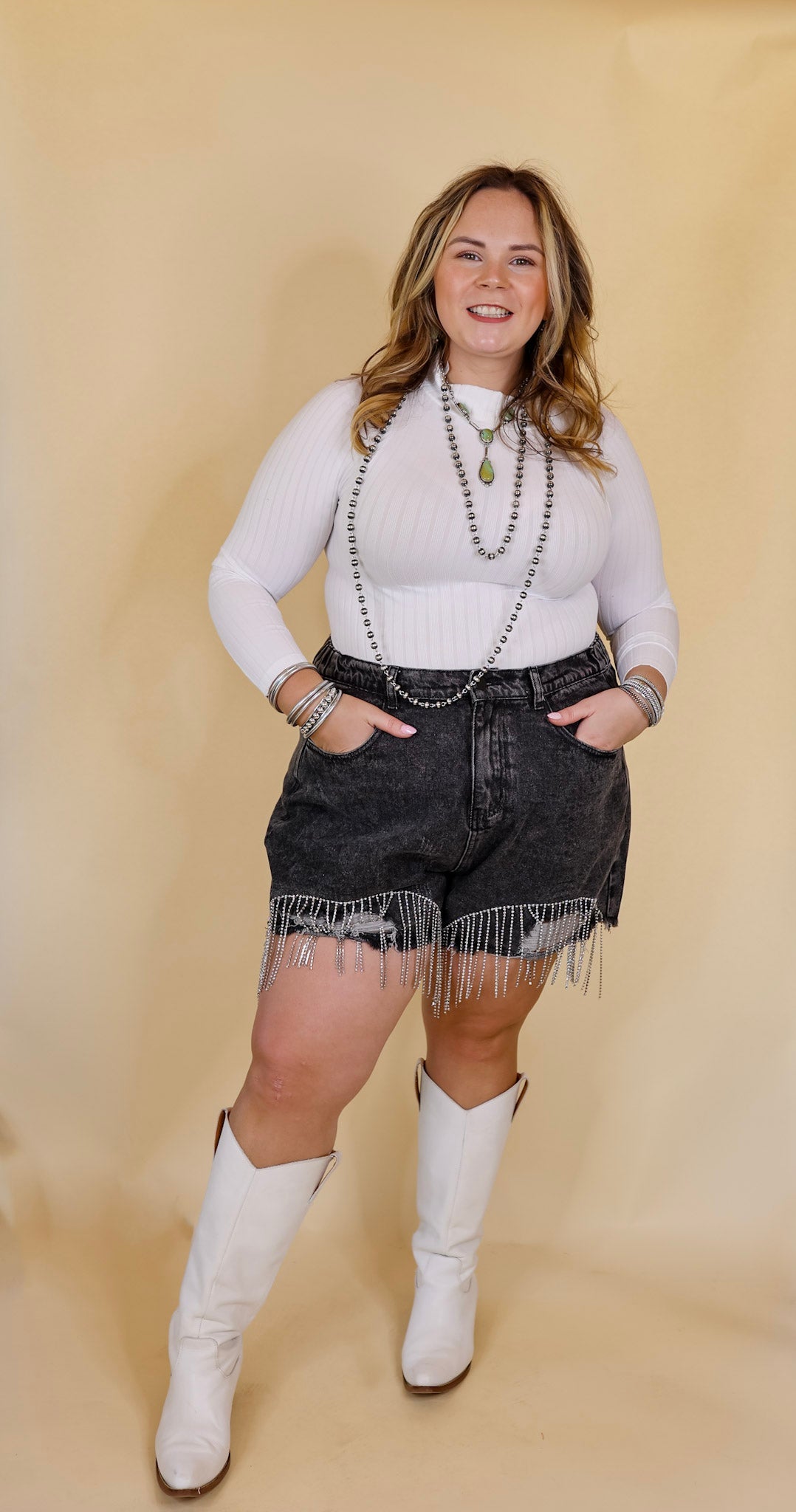 Saddle Up Crystal Fringe Distressed Denim Shorts in Black - Giddy Up Glamour Boutique
