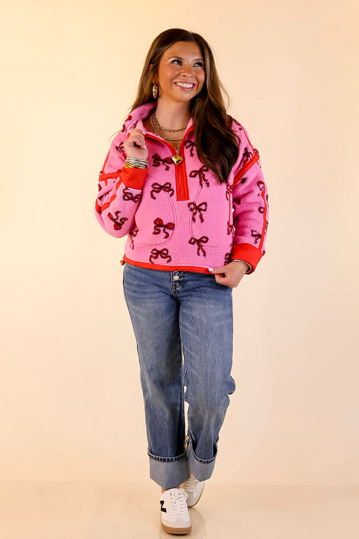 Simply Southern | Cozy Intentions Fleece Half Zip Pullover Jacket in Pink with Red Bows