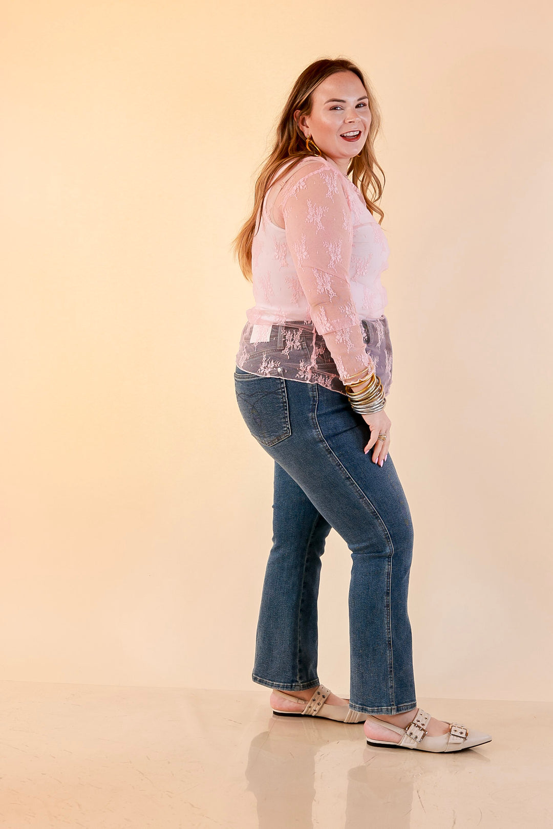 Delicate Charm Long Sleeve Sheer Lace Top with Mock Neck in Pale Pink